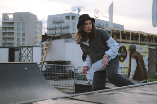 Stylish woman skateboarding at an urban skatepark at sunset.
