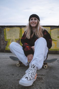 Cheerful woman sitting with skateboard, sporting a beanie and white pants, exuding casual urban vibe.
