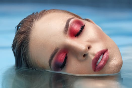 Artistic close-up of a woman with vibrant makeup submerged in water, highlighting beauty and serenity.