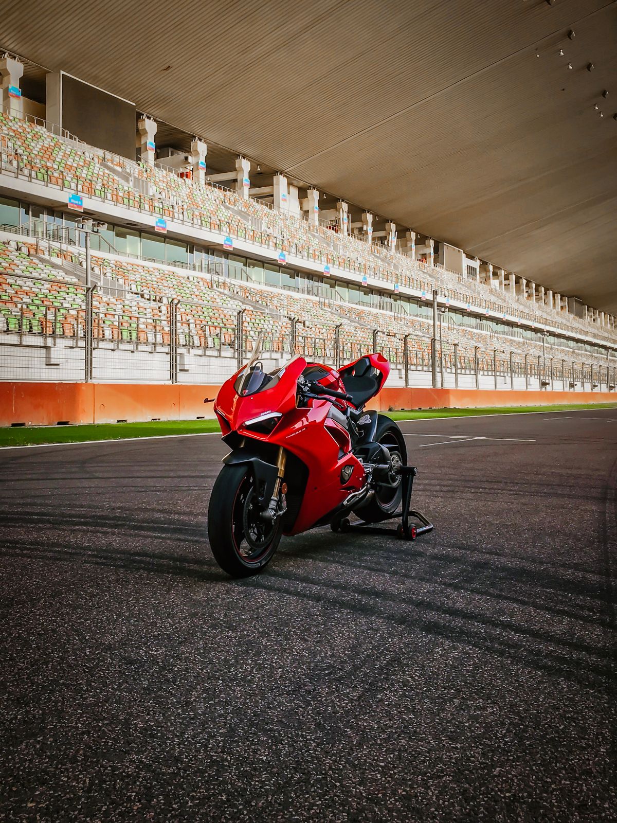 Sleek sports bike parked on an empty racing track