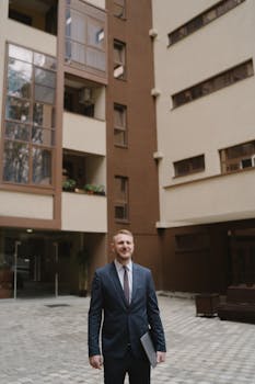 Businessman in a suit standing confidently outside a modern building, perfect for real estate themes.