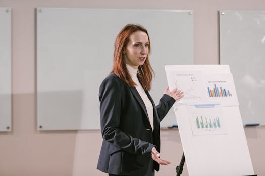 Confident businesswoman delivers presentation with charts at a professional conference.