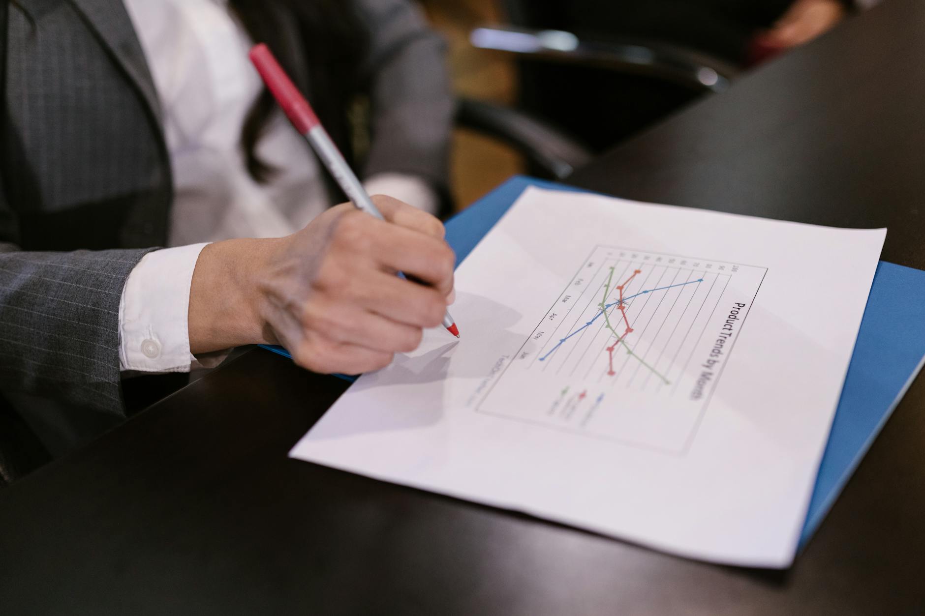 Close-up of a businesswoman holding a pen, analyzing a graph report at a desk.