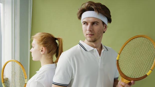 Young man and woman in sportswear holding vintage squash rackets against a green background.