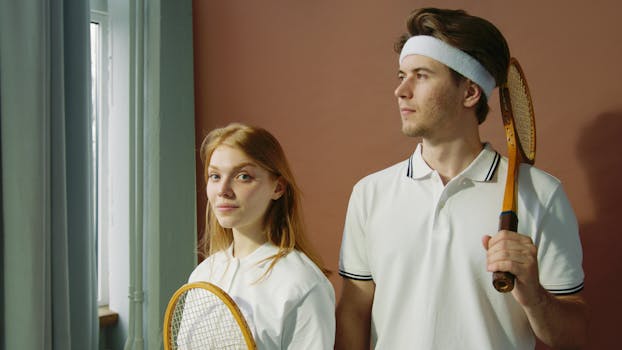 A young man and woman stand indoors with tennis rackets, ready to play.