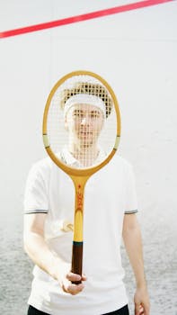 Man holding a vintage wooden tennis racket, face obscured, on a court.