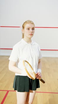 Female player holding racket on squash court, ready for action.