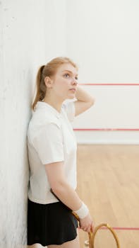 A woman in sports attire resting against a squash court wall, holding a racket.