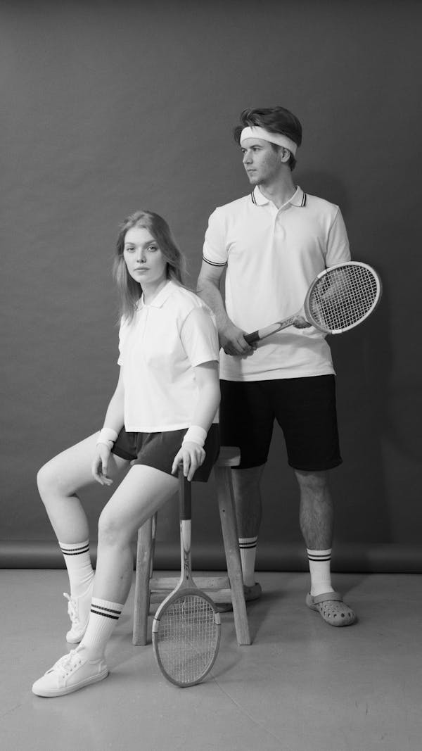 Man and a Woman Posing while Holding Squash Rackets