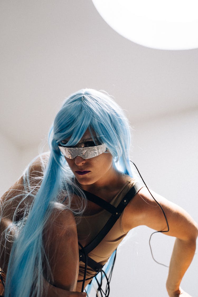 Woman Wearing A Blue Wig