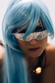 Portrait of a woman in a futuristic style with blue hair and a metallic mask.