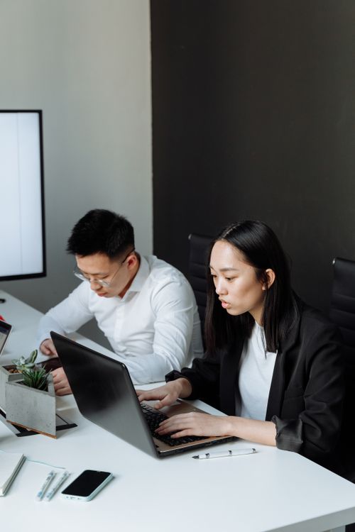 Free Two professionals focusing on their tasks in an office environment, using laptops. Stock Photo
