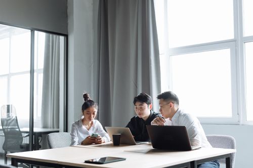 Free Three professionals collaborate on laptops in a bright, modern office setting. Stock Photo