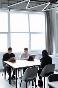Modern office setting with three adults working on laptops. Bright daylight from large windows.