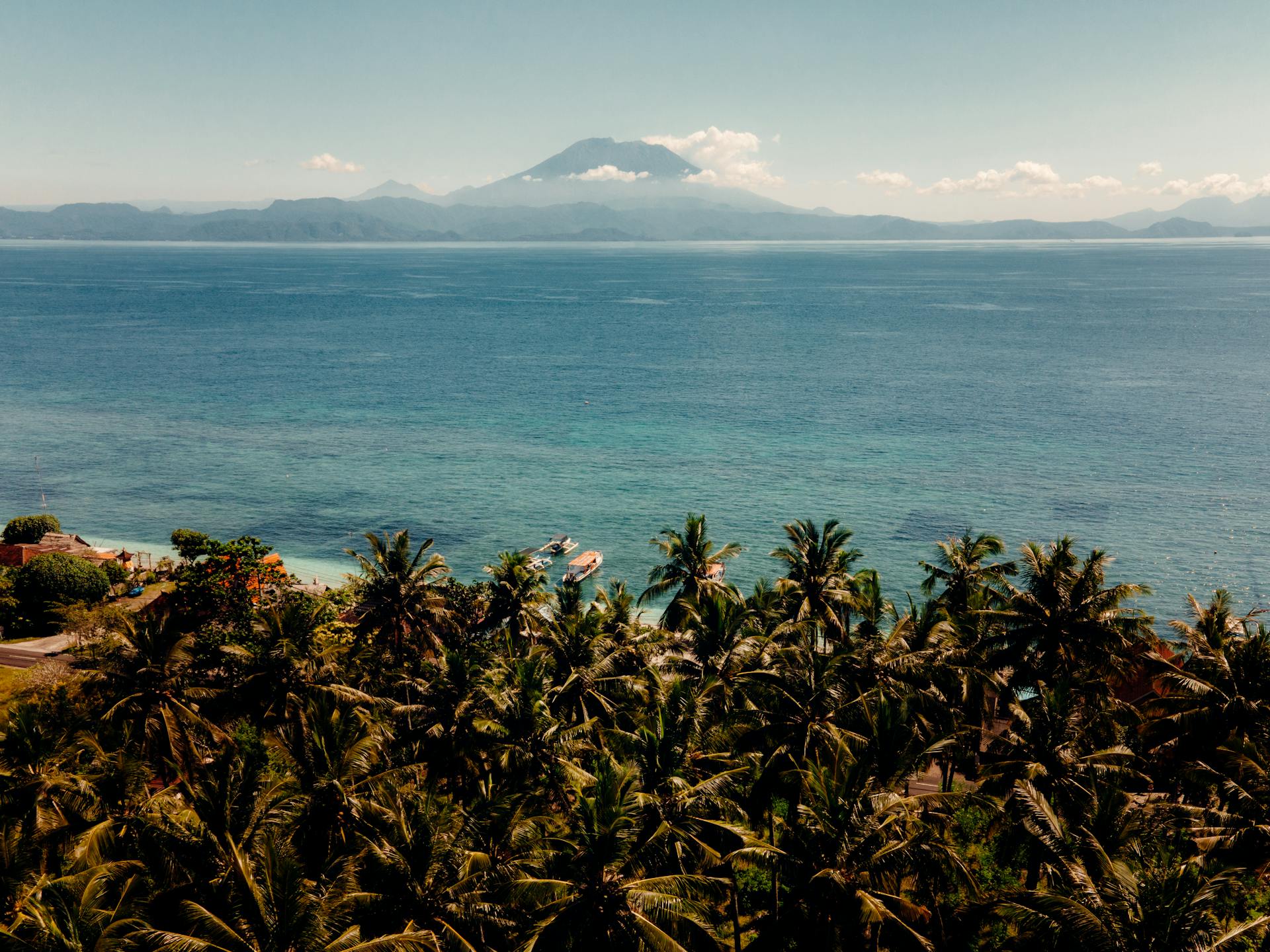 A stunning aerial view of the Indonesian coastline featuring lush palm trees and vibrant ocean waters with distant mountains.
