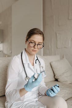 Professional female doctor in glasses and gloves examines medication indoors.