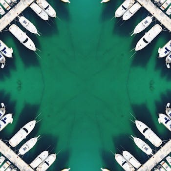 Stunning drone shot of yachts docked at Antalya's Kepez harbor with a symmetrical pattern.