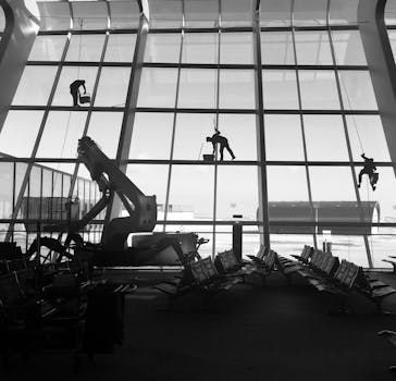Silhouettes of window cleaners on a glass wall at an airport terminal, creating a dynamic scene.