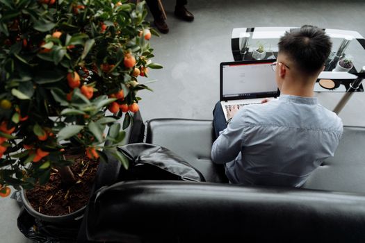 Adult man working on a laptop in a modern indoor workspace with ornamental plants.