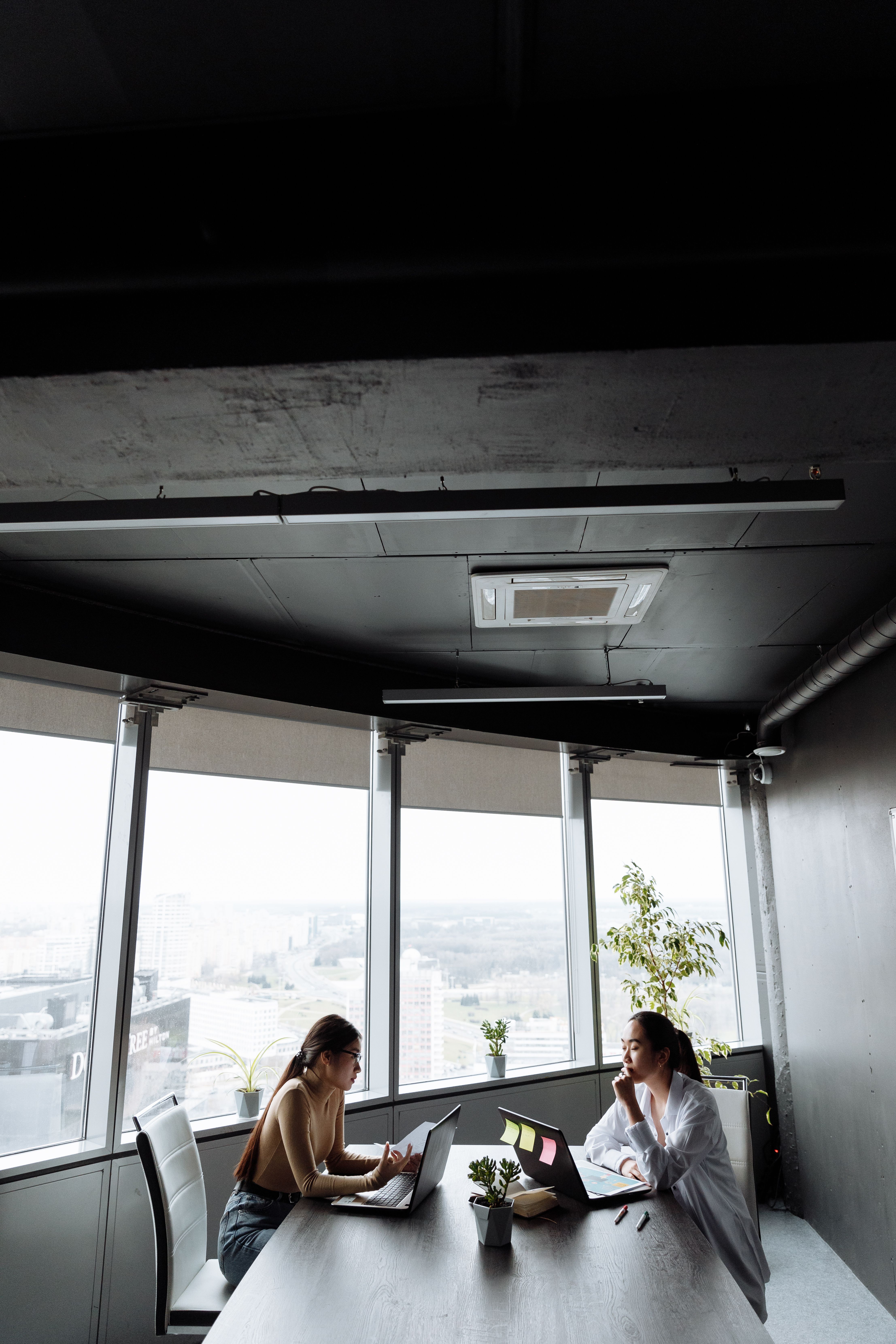 Two women engaged in a business meeting inside a modern office with city views.