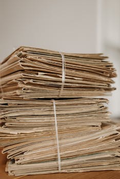 Stack of tied brown paper folders, perfect for office organization themes.
