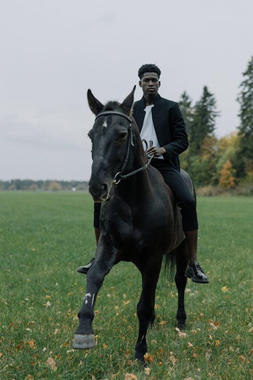 Free Man in Black Coat Riding on a Black Horse Stock Photo