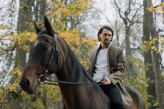 Man in Gray Coat Riding Black Horse
