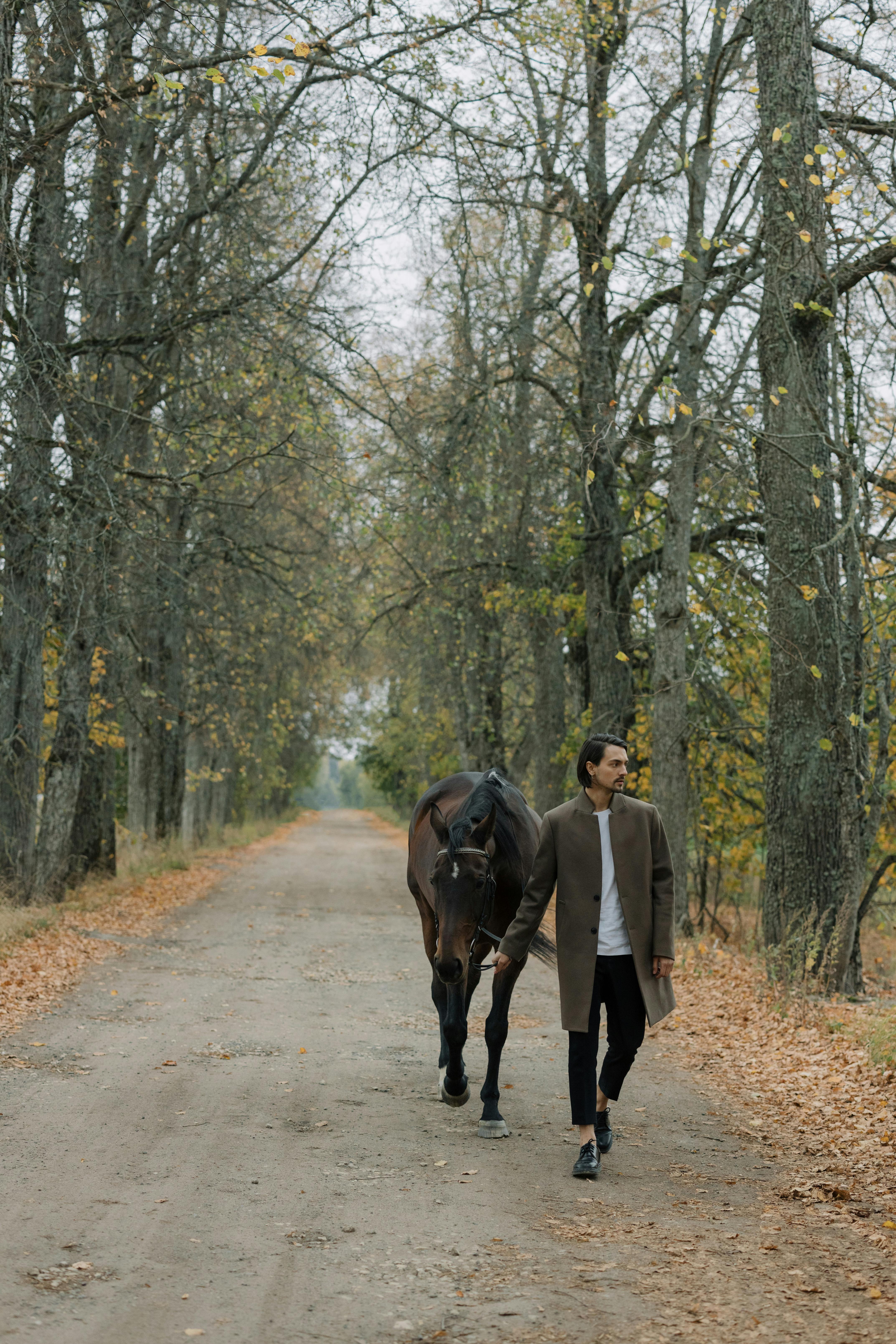 man in brown coat walking with a horse on a pathway between trees