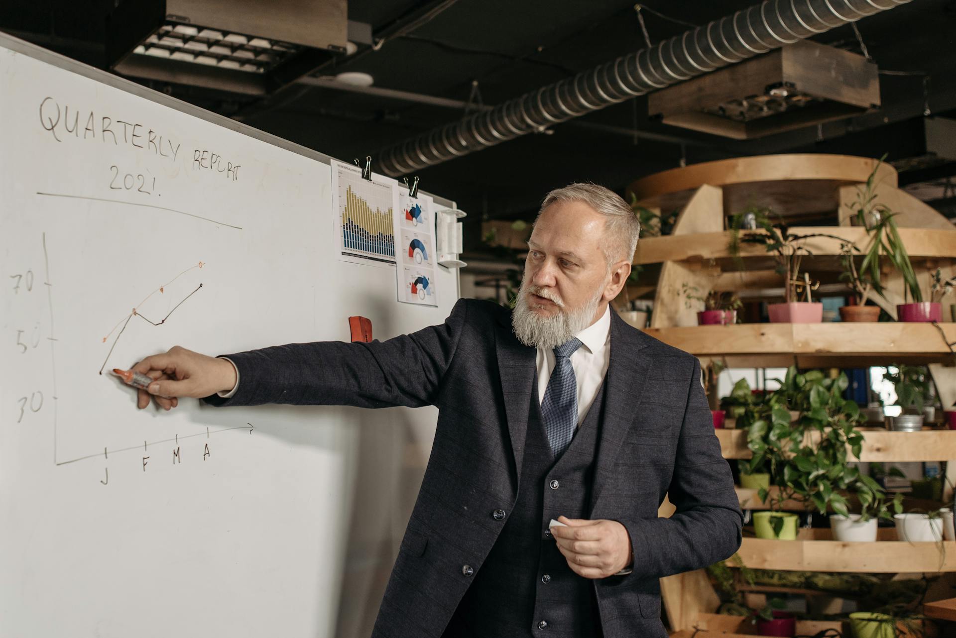 Executive giving a presentation on a whiteboard with charts and graphs for a quarterly report in a modern office setting.