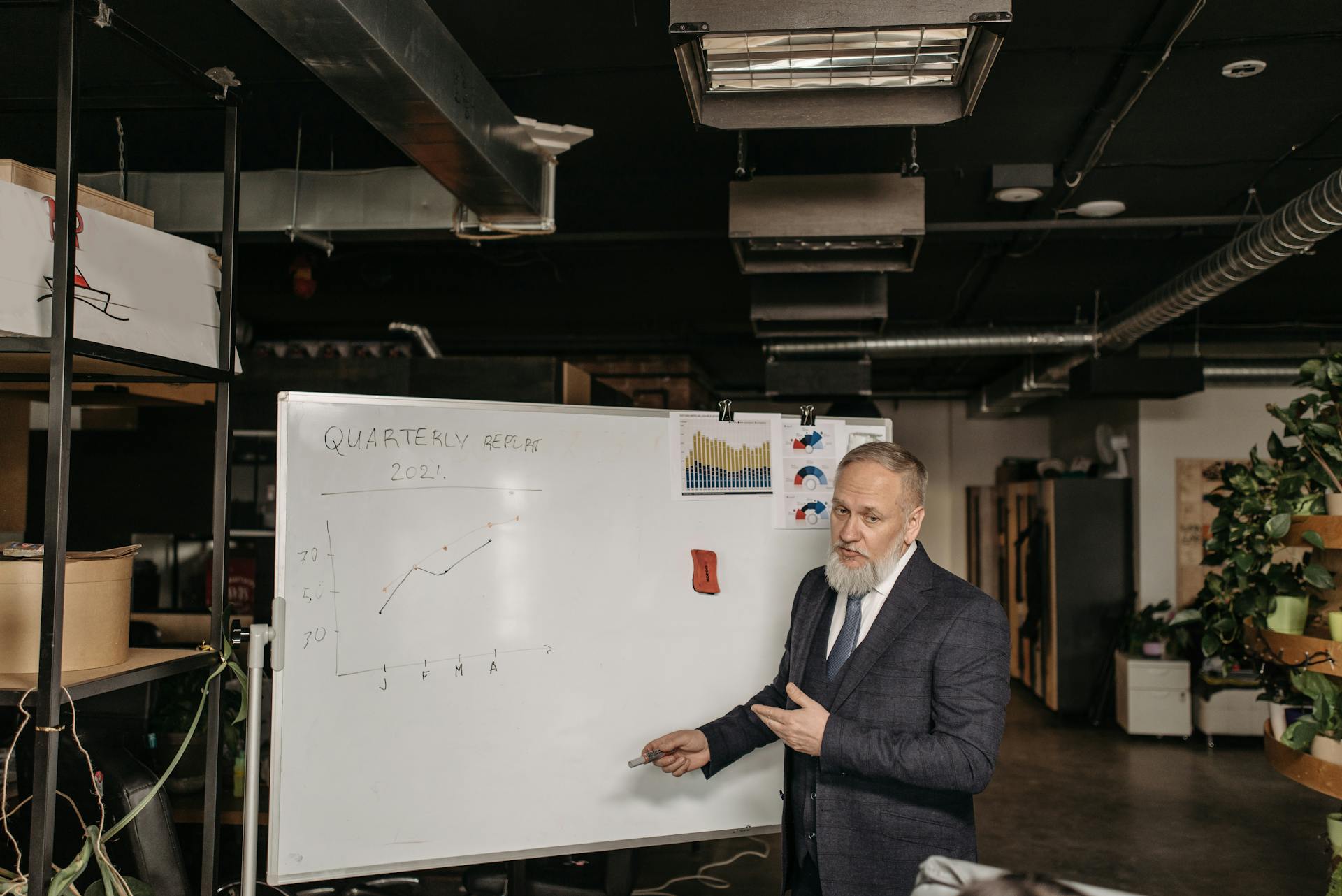 A Man in Corporate Attire Pointing at a White Board