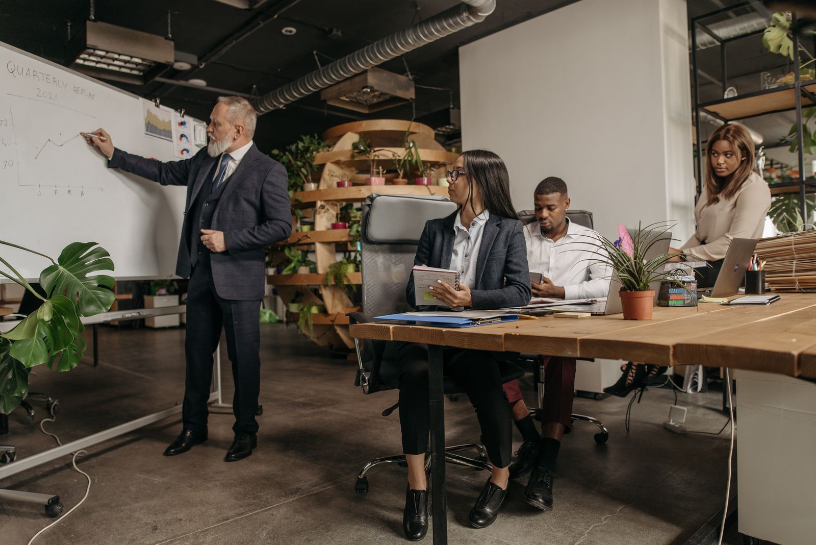 Business team collaborating during a strategy discussion in a modern office