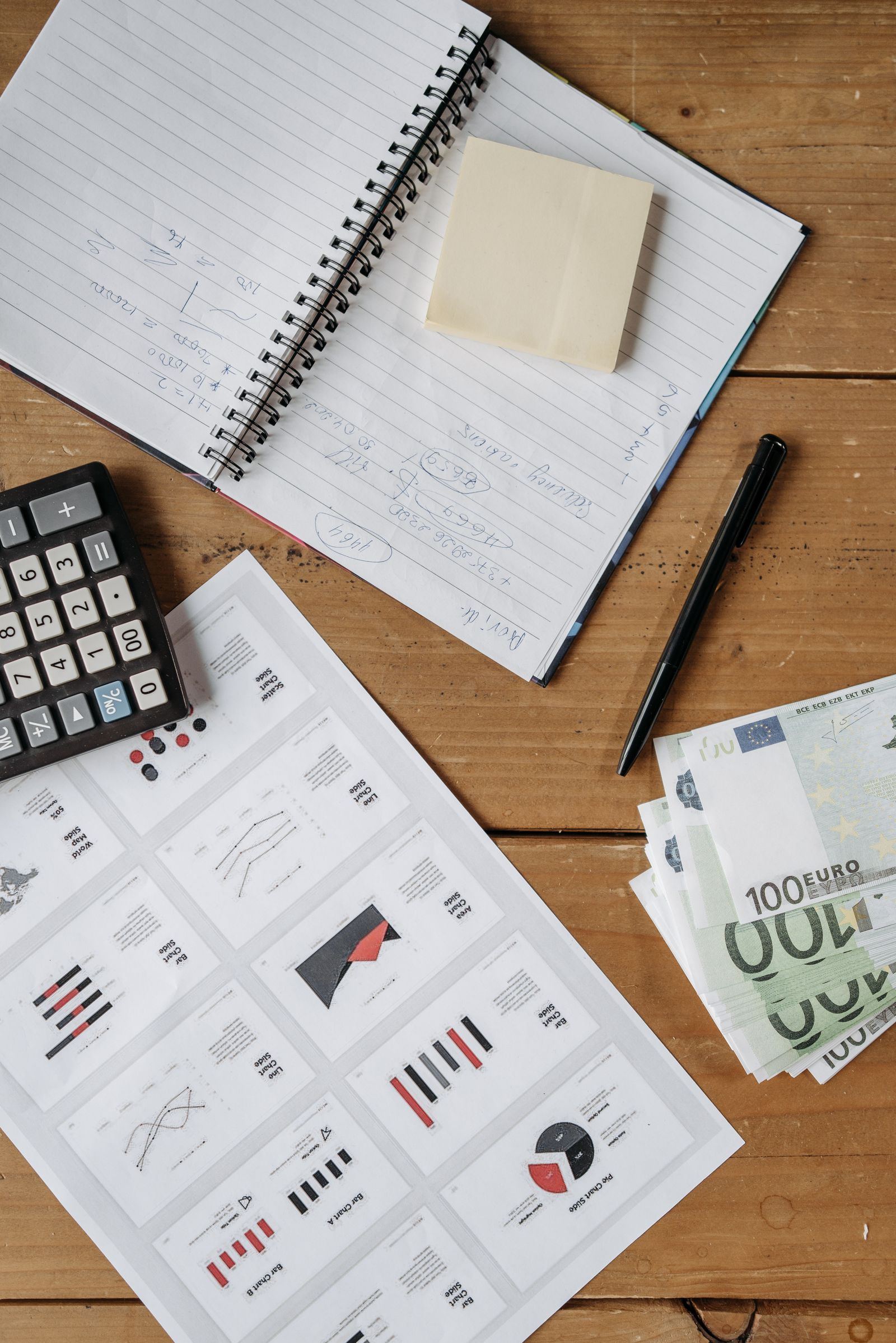 Financial planning workspace with calculator, notes and documents