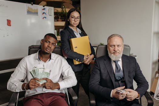 Three business professionals in an office setting exuding teamwork and financial success.