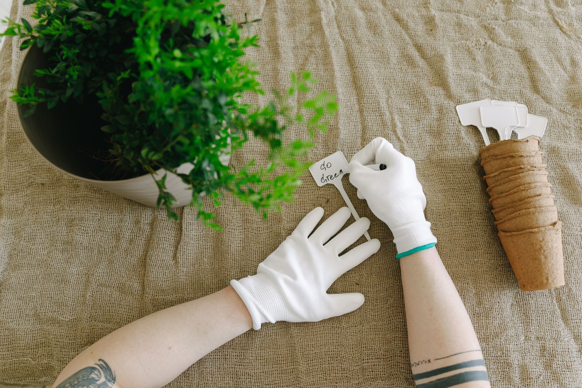 A Tattooed Person Writing on a Plant Label