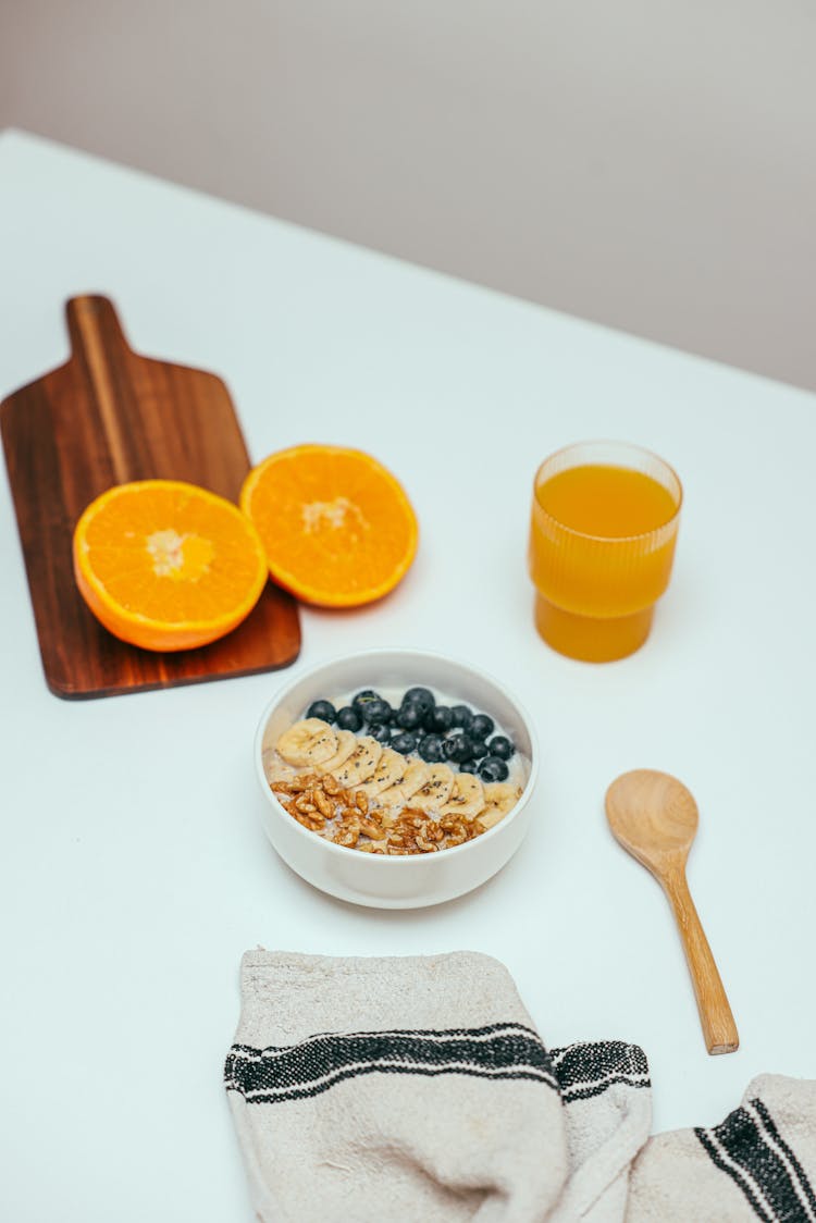 Meal In Bowl And Juice In Glass