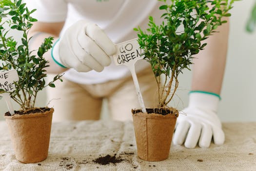 Person caring for potted plants with eco-friendly messages in a sustainable setting.