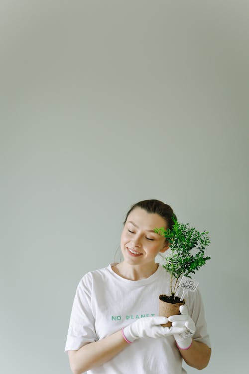 Женщина в белых перчатках держит зеленое растение в горшке