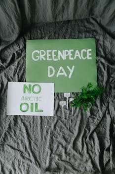 Environmental protest signs promoting Greenpeace and no Arctic oil.