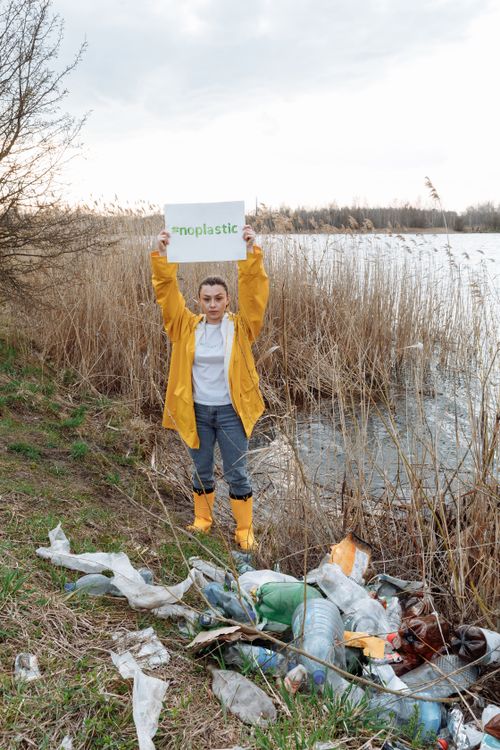 Free An individual holds a 'stopplastic' sign by a riverbank, highlighting pollution issues. Stock Photo
