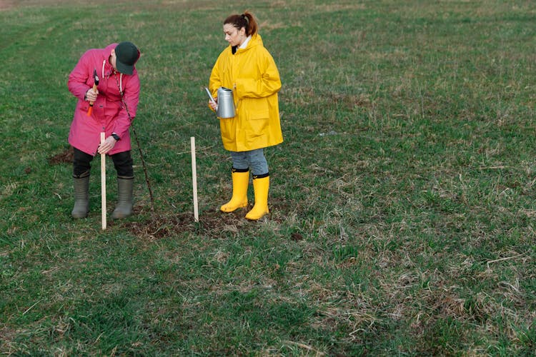 A Man And A Woman Doing Planting On Green Grass Field