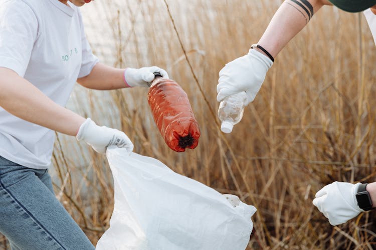 Hands Of People Putting Plastic Bottles In Garbage Bag