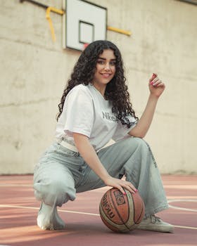 Woman posing on outdoor basketball court in casual sports fashion, showcasing style and athleticism.