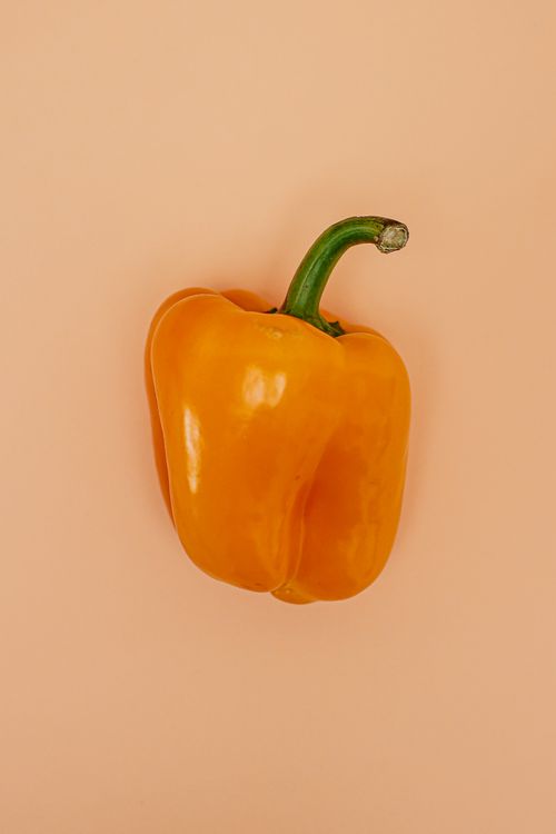 Free Vibrant yellow bell pepper against a soft peach backdrop, showcasing freshness and simplicity. Stock Photo