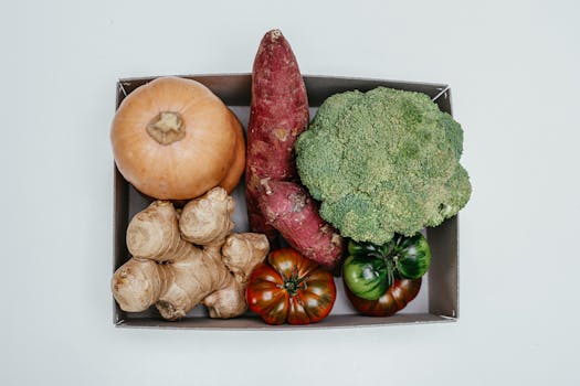 Top view of a box containing fresh vegetables including ginger, broccoli, pumpkin, and tomatoes.