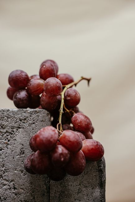 Cluster of red grapes on concrete blocks, displaying a rustic charm with muted tones.