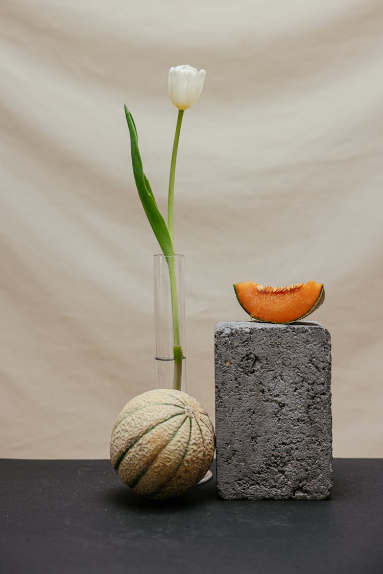 Melon Fruit On Gray Concrete Block