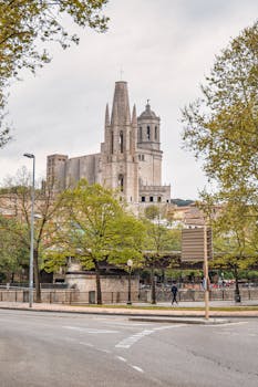 A breathtaking view of the historic Girona Cathedral surrounded by nature on a cloudy day in Spain.