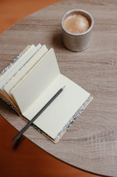 High angle view of an open notebook and coffee cup on a wooden table, perfect for office themes.