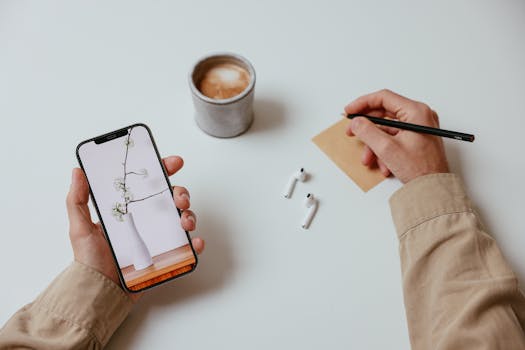 A clean workspace setup featuring a smartphone, coffee, earbuds, and a notepad.