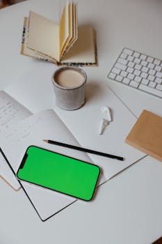 Flat lay of a modern desk setup with a smartphone, coffee cup, books, and keyboard.
